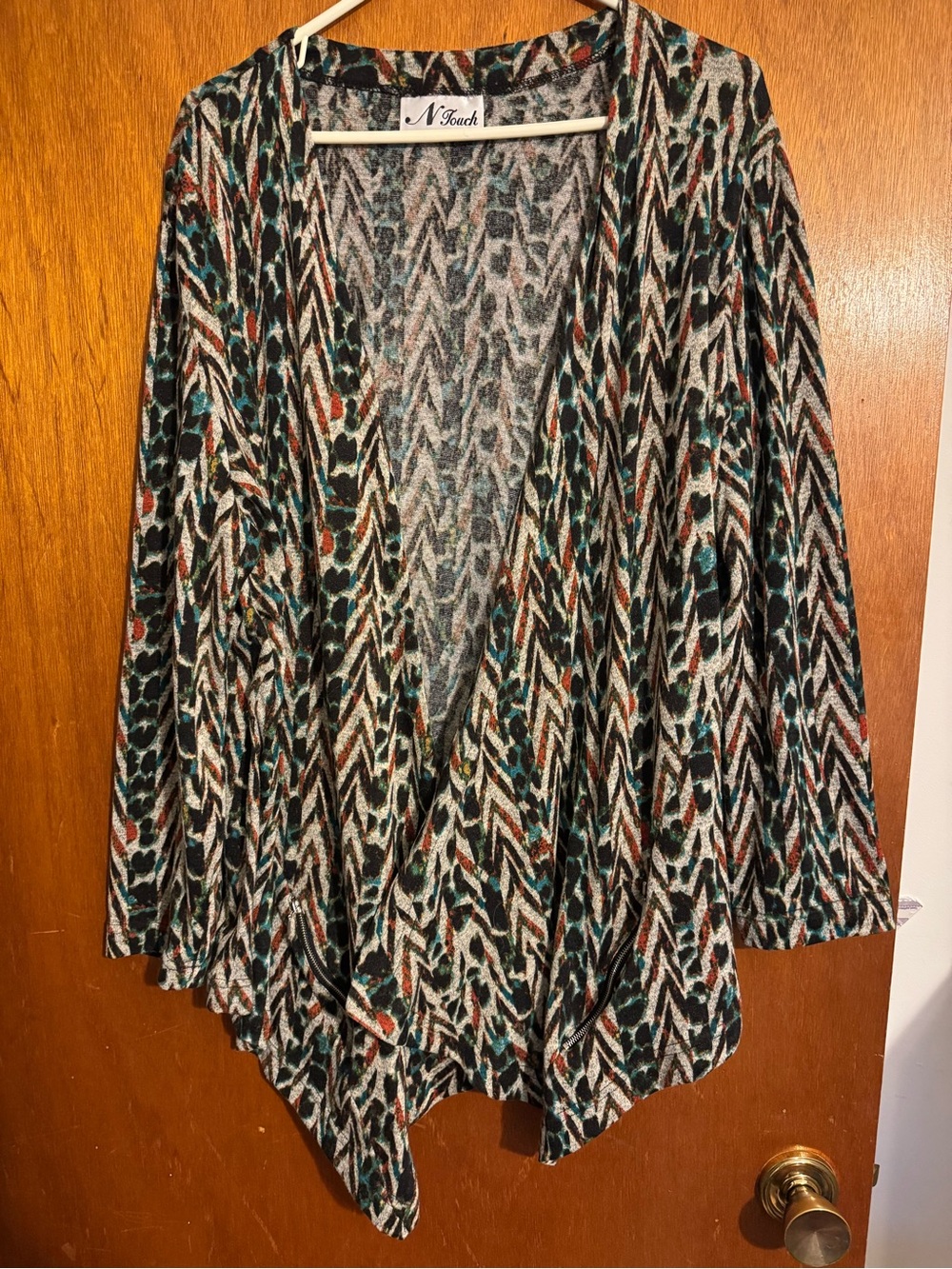 N Touch Open Front Cardigan in Teal, Rust & Black